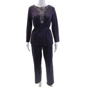 Feraud Womens Cotton Embroidered Blouse Top + Pants Set Purple Size 10